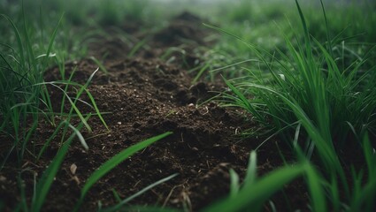 Fototapeta premium Soil with grass depicted in a flat style, showcasing green grass alongside soil viewed from the side in isolation.