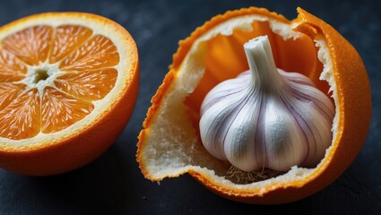 Clearing the tangerine reveals a garlic bulb inside. Trouble, disappointment, and vain expectations arise. Beneath a bright exterior lies a bitter essence.