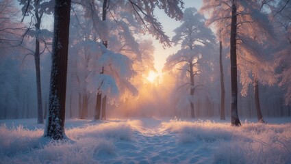 Naklejka premium Splendid winter scenery. Fantastic frosty morning in a forest. Snow-covered trees illuminated by warm sunlight. Amazing winter backdrop. Wonderful scene.