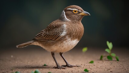Fototapeta premium A Burhinus bird perched on one leg on a dirt surface with brown and white speckled plumage, displaying a seemingly annoyed or irritated expression in a moody environment.