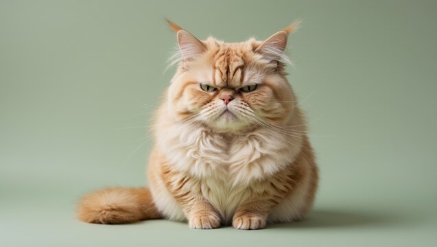 Displeased adult cat of the golden chinchilla breed scowls against a light green background.