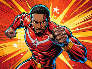Pop art comic book style super hero punching with male superhero costume poster design wall decoration.