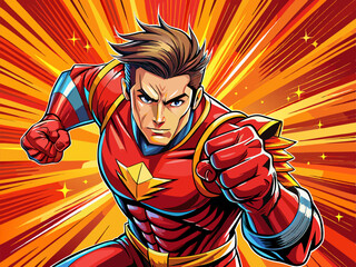 Pop art comic book style super hero punching with male superhero red costume poster design