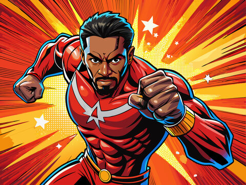 Pop art comic book style super hero punching with male superhero costume poster design wall decoration.