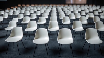 Fototapeta premium Group of white chairs set up for social distance, prepared for visitors at an indoor business event. Health and safety measures during the pandemic require spacing between individuals.