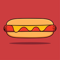 illustration of a tasty hot dog with cheese and ketchup on red background. Perfect for fast food concepts, casual dining themes, and artistic depictions of iconic American snacks.