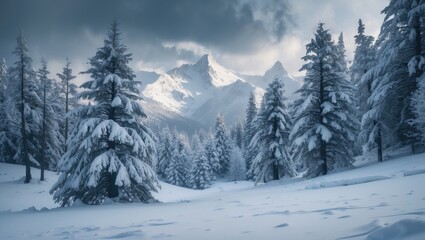 Snow-covered fir trees in front of mountain peaks. Panoramic view of the beautiful snowy winter scenery.