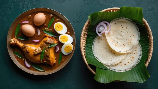 Nice Pathiri with chicken curry, a special dish made from rice flour, served on a banana leaf in a basket with a dark green textured backdrop.