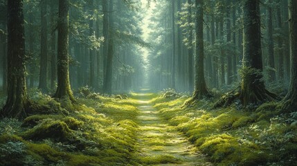 Obraz premium A serene forest pathway illuminated by soft sunlight filtering through tall trees, surrounded by lush greenery and moss.