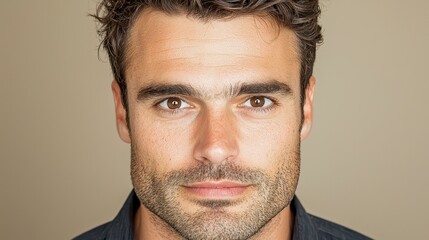 Close Up Portrait of Man with Neutral Expression on Beige Background