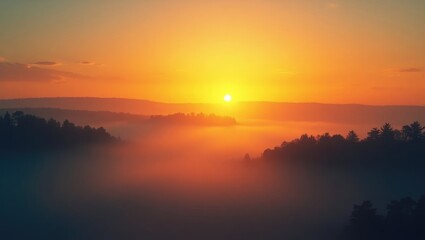 Fototapeta premium Stunning Sunrise Over Misty Landscape. Scenic View Of Foggy Morning Sky With Sun Rising Above Misty Forest And River. Early Summer Nature.