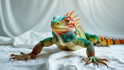 Obraz premium Detail of a vibrant iguana set against a white background.