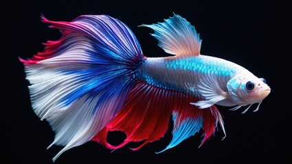 Fototapeta premium Siamese Fighting fish, colorful betta, fish set against a black background. The action of the fish rotating its head in different directions while swimming. Stunning colors.