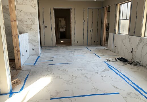 Interior of a Renovated Home Showing Tiled Flooring with Blue Tape Marking Spaces for Installation in a Spacious Modern Room