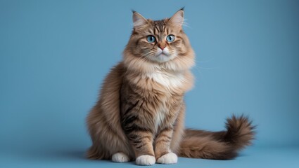 Obraz premium Portrait of a slightly irritated cat sitting alone against a blue background.