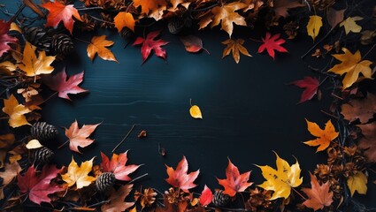 A dark table surrounded by dried leaves and an autumnal background, seasonal themes, and sales Anime-style flat lay, top view, copy space.