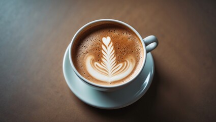Cappuccino cup that looks delicious viewed from above on a table.