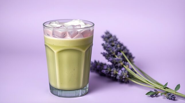 Iced matcha lavender latte drink, space for copy