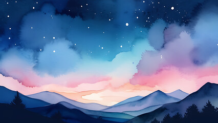 Watercolor Mountain Landscape Painting with Stars and Colorful Sky at Dusk