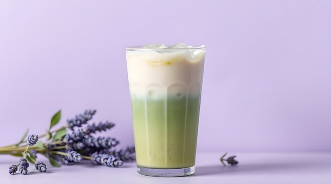 Iced matcha lavender latte drink, large space for copy