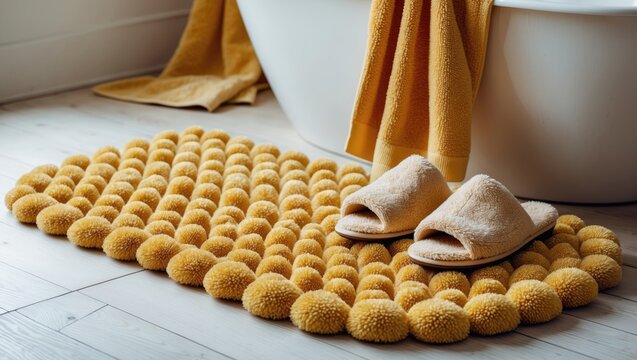 Soft yellow bath mat and slippers on floor in bathroom