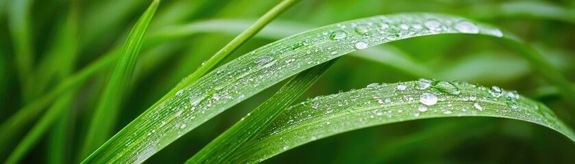 Naklejka premium Dew-covered grass blades, close-up, outdoors, nature background, website/print