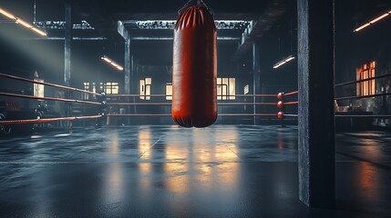 An empty boxing ring in a gym with an orange punching bag hangs.