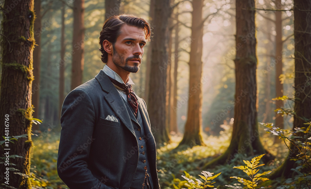Poster man in a suit stands in a forest, looking at the camera. scene is serious and contemplative