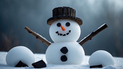 A cheerful snowman created from three snowballs, with coals for buttons and eyes, and sticks serving as arms, hair, a nose, and a mouth.