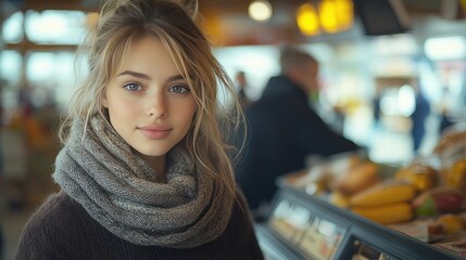 A cashier with curly brown hair smiles while ringing up items at the register in a grocery store.
