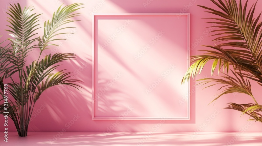 Poster a fresh interior features a soft pink wall adorned with a blank frame. lush green tropical plants fr