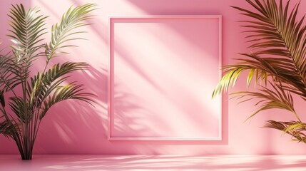 A fresh interior features a soft pink wall adorned with a blank frame. Lush green tropical plants frame the space, creating a vibrant and inviting atmosphere illuminated by sunlight