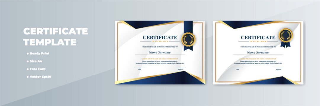 Elegant A4 certificate template design, navy blue gold accents, ready print
