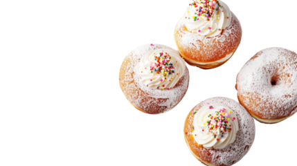 Four donuts floating on transparent background with whipped cream and sprinkles