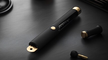 Sleek black key tool on dark desk