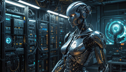  Robots Working In Data Rooms, A cutting edge humanoid robot stands in a state of the server room