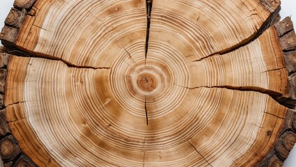 Large circular section of wood with tree ring texture pattern and cracks set against a white background. Detailed organic surface derived from nature.