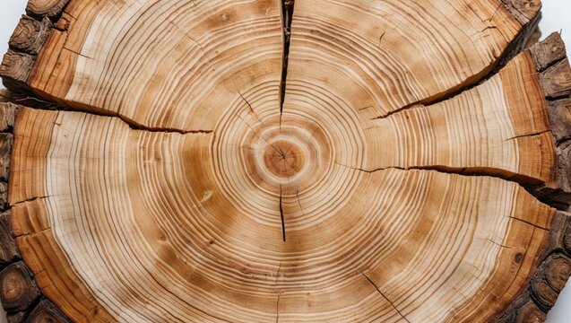 Large circular section of wood with tree ring texture pattern and cracks set against a white background. Detailed organic surface derived from nature.