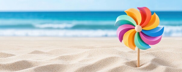 Colorful pinwheel planted in a sandy dune, spinning lazily with a beach and ocean breeze, whimsical in a summer coastal scene