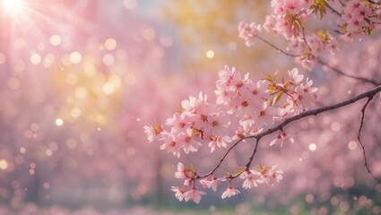 Obraz premium Spring border or background artwork featuring pink blossom. A beautiful natural scene with a blooming tree and sun flare.