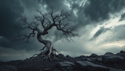 Dramatic sky above a solitary ancient tree.