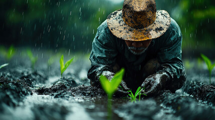 Planting seeds in the rain farmer cultivating crops rice field agricultural scene rural environment © Patipon