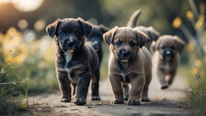 Cute puppies stroll outside during summer.