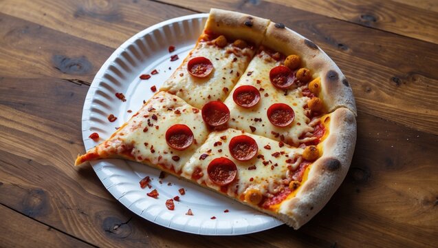 Slice of pizza served on a paper plate