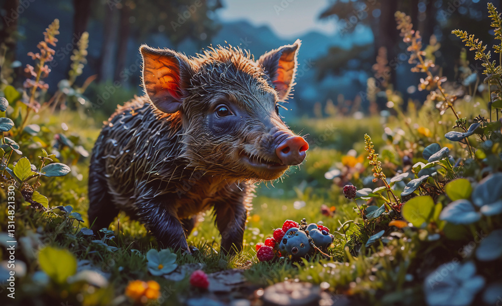 Poster pig is standing in a field of flowers and berries. the pig is eating berries and he is enjoying itse