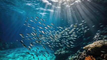 Dark water, sun rays penetrating through the water, the underwater realm, dark sea backdrop