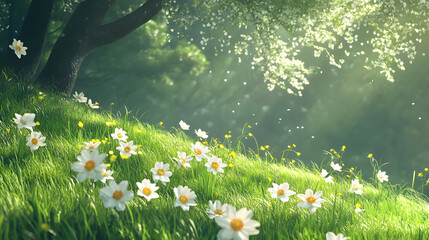 A spring landscape with daffodils, daisies, and fresh green grass gently swaying in the breeze.