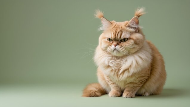 Displeased adult cat of the golden chinchilla breed frowns against a light green background.