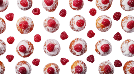 Pattern of delicious donuts topped with fresh raspberries and icing on transparent background