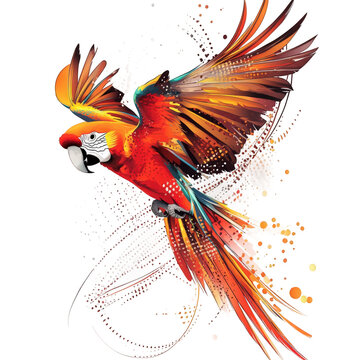 A stunning, hand-drawn vector-style representation of a majestic macaw flying, its wings gracefully extended, showcasing the intricate pattern of its feathers, transparent background, PNG
